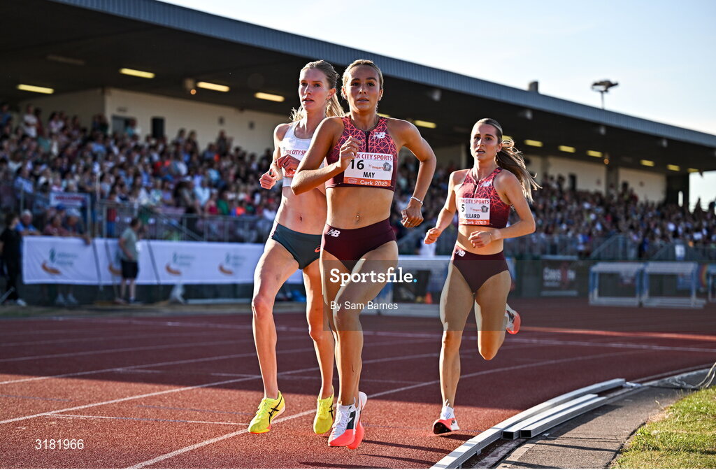9 July 2025; Kimberly May of New Zealand competes in the PJ Hegarty Women's 3000m competes in the PJ Hegarty Women's 3000m during the Cork City Sports meet at MTU Arena in Cork. Photo by Sam Barnes/Sportsfile