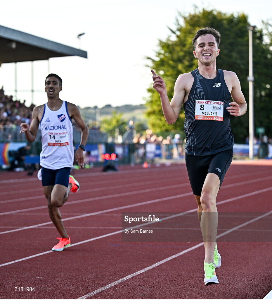 9 July 2025; Henry Mcluckie of Great Britain celebrates on his way to winning the John Buckley Sports Men's 3000m during the Cork City Sports meet at MTU Arena in Cork. Photo by Sam Barnes/Sportsfile