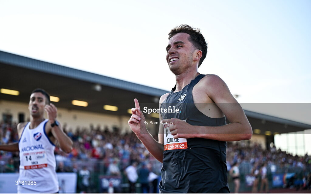 9 July 2025; Henry Mcluckie of Great Britain celebrates after winning the John Buckley Sports Men's 3000m during the Cork City Sports meet at MTU Arena in Cork. Photo by Sam Barnes/Sportsfile