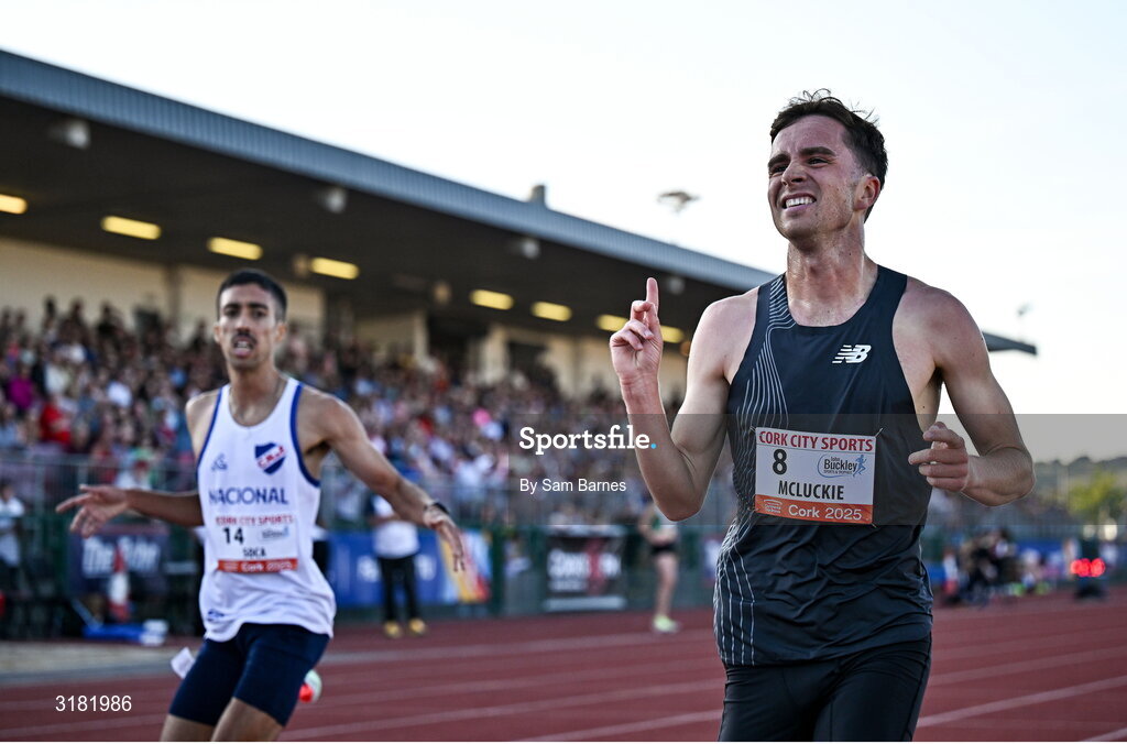 9 July 2025; Henry Mcluckie of Great Britain celebrates after winning the John Buckley Sports Men's 3000m during the Cork City Sports meet at MTU Arena in Cork. Photo by Sam Barnes/Sportsfile
