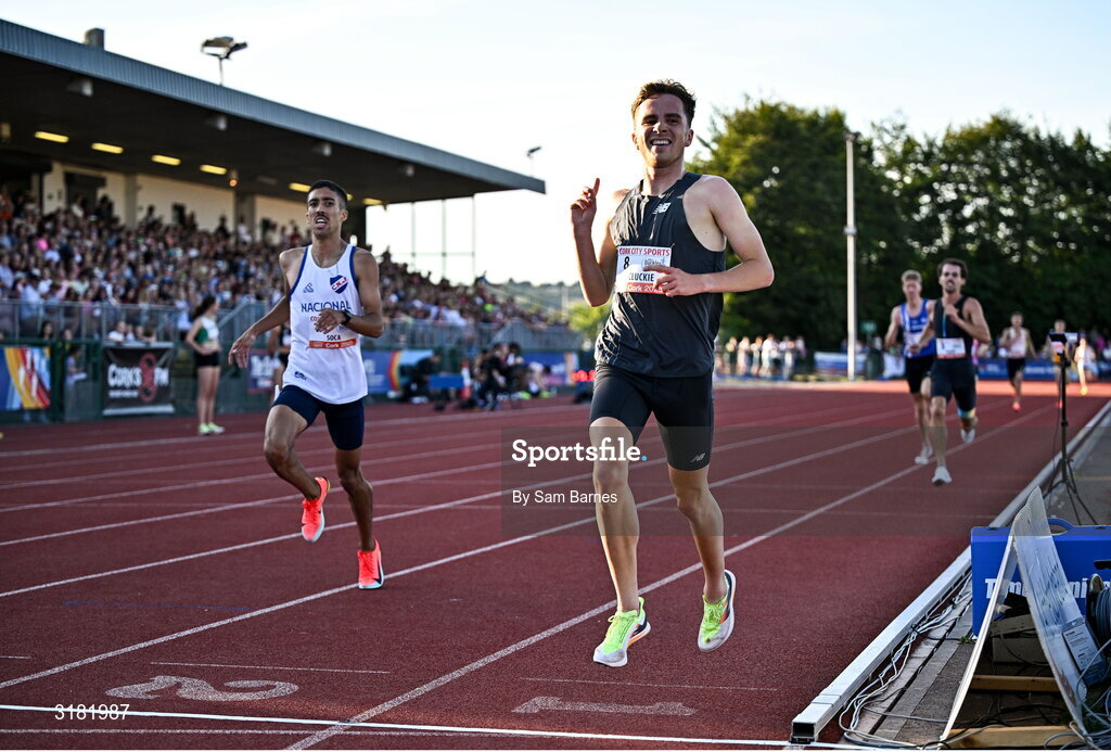9 July 2025; Henry Mcluckie of Great Britain celebrates on his way to winning the John Buckley Sports Men's 3000m during the Cork City Sports meet at MTU Arena in Cork. Photo by Sam Barnes/Sportsfile