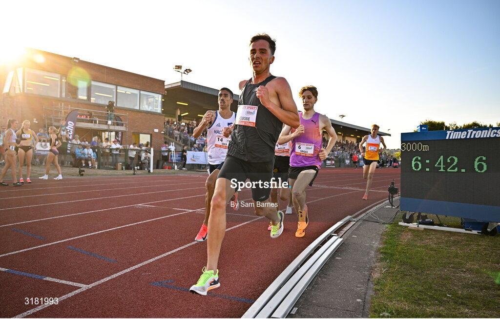 9 July 2025; Henry Mcluckie of Great Britain leads the field during the John Buckley Sports Men's 3000m at the Cork City Sports meet at MTU Arena in Cork. Photo by Sam Barnes/Sportsfile