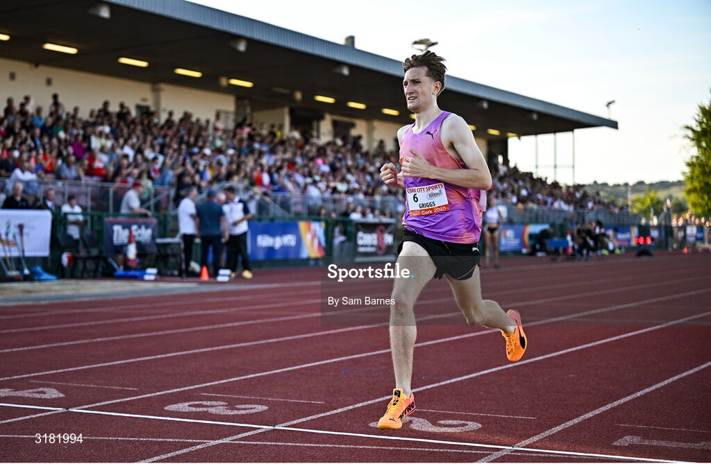 9 July 2025; Nick Griggs of Ireland crosses the finishing line of the John Buckley Sports Men's 3000m during the Cork City Sports meet at MTU Arena in Cork. Photo by Sam Barnes/Sportsfile