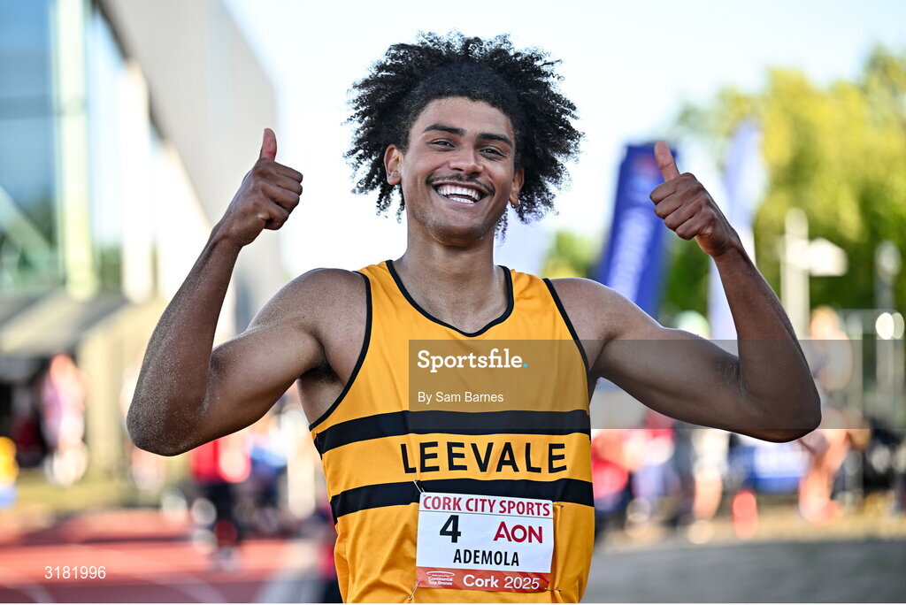 9 July 2025; Reece Ademola of Ireland after finishing third in the AON Hewitt Men's Long Jump during the Cork City Sports meet at MTU Arena in Cork. Photo by Sam Barnes/Sportsfile