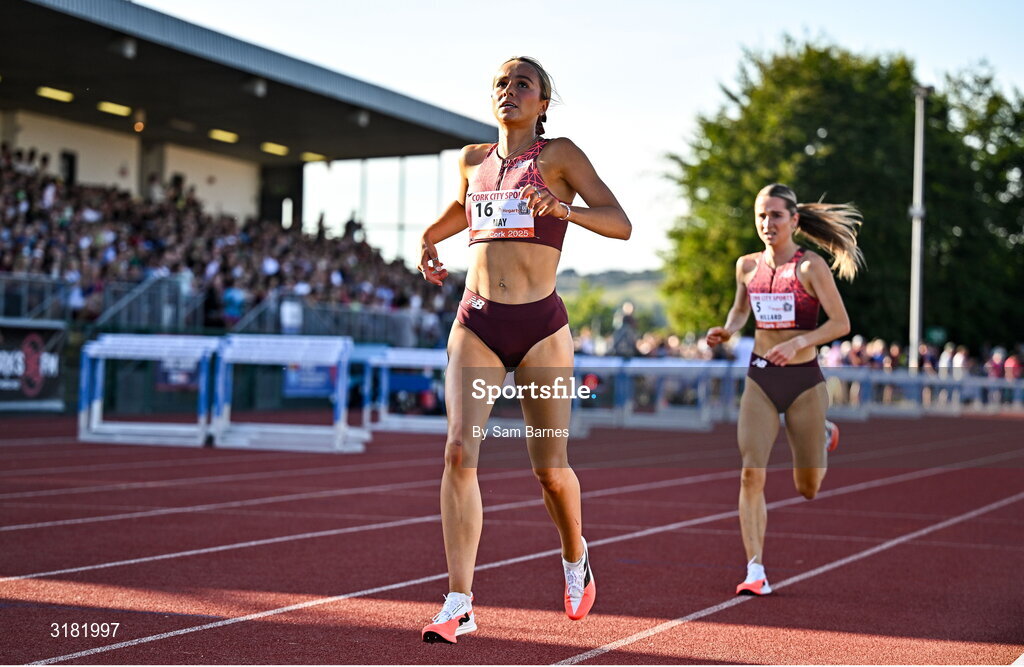 9 July 2025; Kimberly May of New Zealand competes in the PJ Hegarty Women's 3000m during the Cork City Sports meet at MTU Arena in Cork. Photo by Sam Barnes/Sportsfile