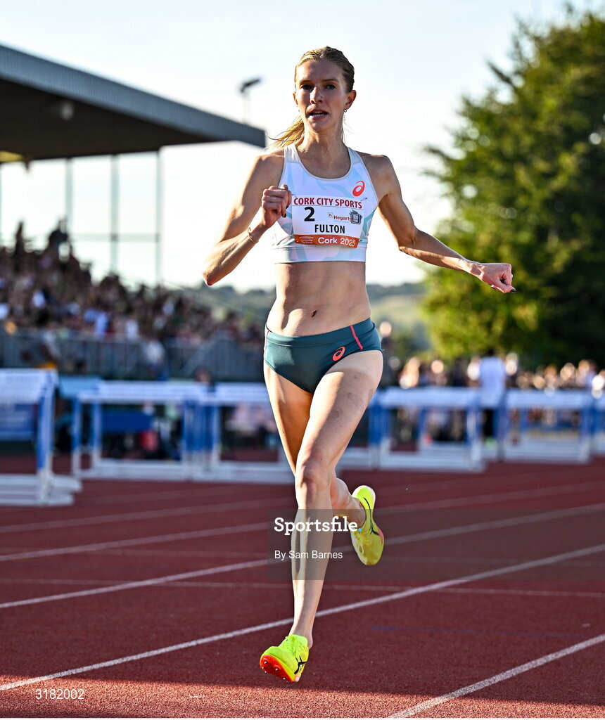 9 July 2025; Eleanor Fulton of USA on her way to finishing second in the PJ Hegarty Women's 3000m during the Cork City Sports meet at MTU Arena in Cork. Photo by Sam Barnes/Sportsfile