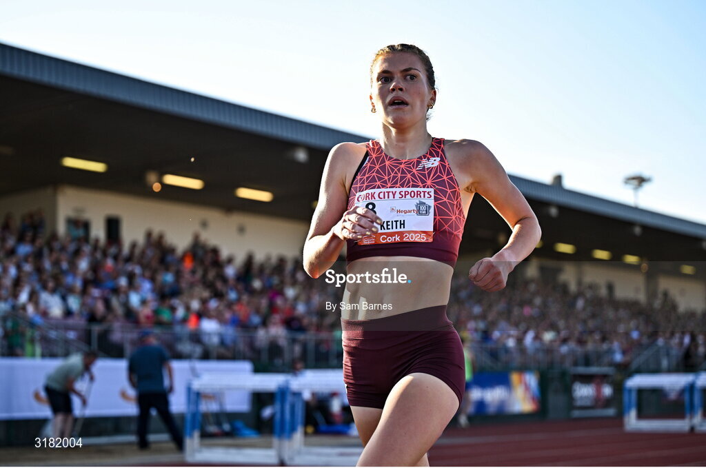 9 July 2025; Megan Keith of Great Britain after winning the PJ Hegarty Women's 3000m during the Cork City Sports meet at MTU Arena in Cork. Photo by Sam Barnes/Sportsfile