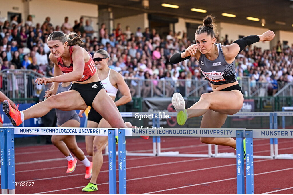 9 July 2025; Selina Von Jackowski of Switzerland, right, and Abigail Pawlett of Great Britain compete in the Athletics Ireland Women's 100m Hurdles during the Cork City Sports meet at MTU Arena in Cork. Photo by Sam Barnes/Sportsfile