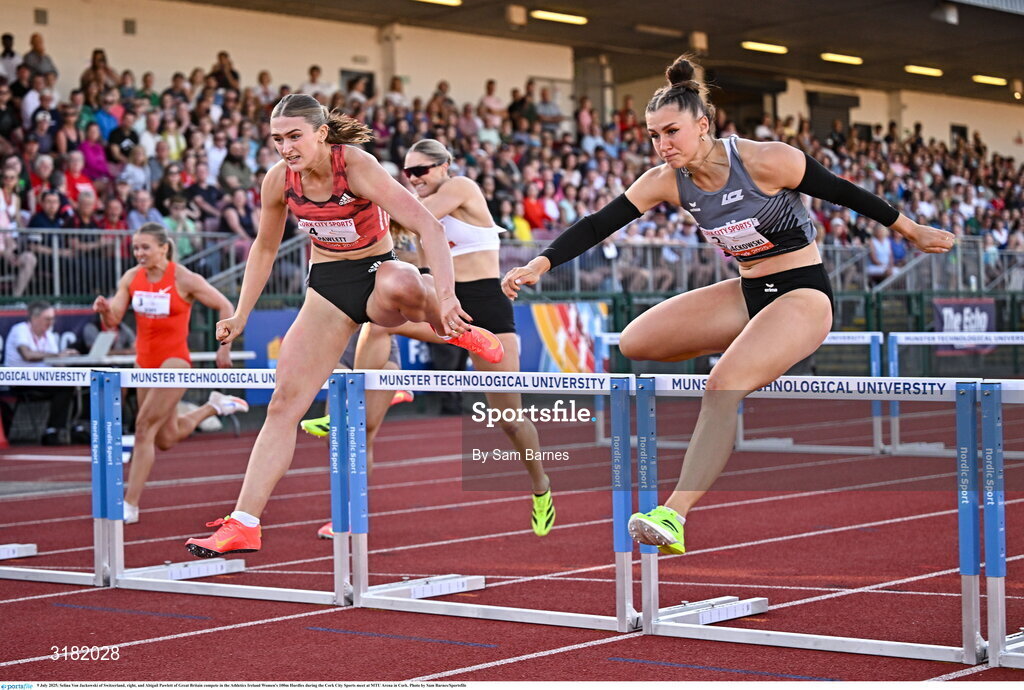 9 July 2025; Selina Von Jackowski of Switzerland, right, and Abigail Pawlett of Great Britain compete in the Athletics Ireland Women's 100m Hurdles during the Cork City Sports meet at MTU Arena in Cork. Photo by Sam Barnes/Sportsfile