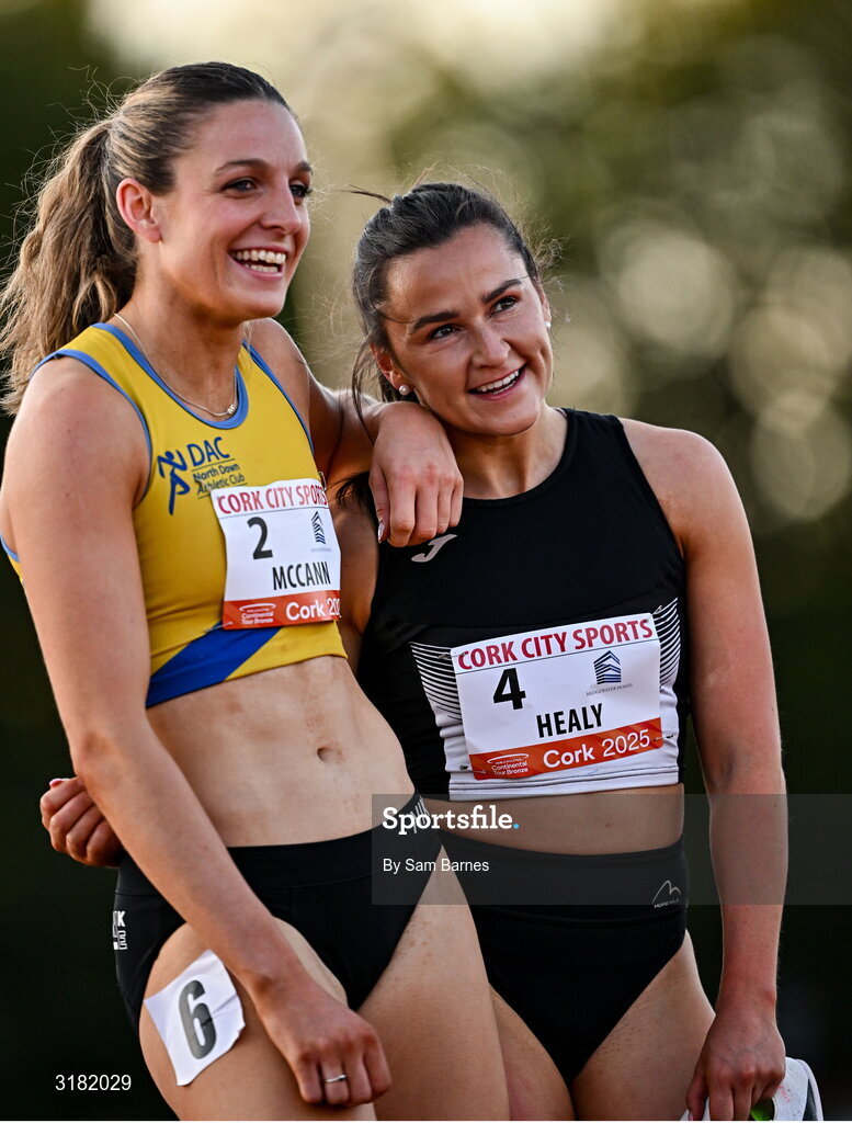 9 July 2025; Phil Healy of Ireland, right, and Rachel McCann of Ireland after competing in the Bridgewater Construction Women's 200m during the Cork City Sports meet at MTU Arena in Cork. Photo by Sam Barnes/Sportsfile