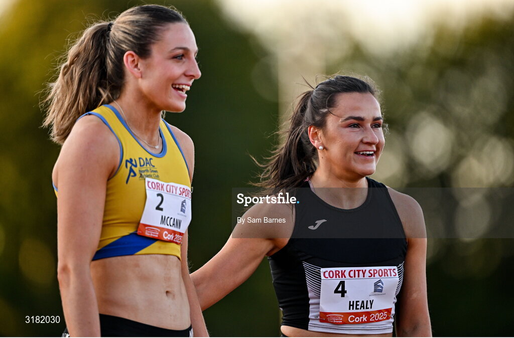 9 July 2025; Phil Healy of Ireland, right, and Rachel McCann of Ireland after competing in the Bridgewater Construction Women's 200m during the Cork City Sports meet at MTU Arena in Cork. Photo by Sam Barnes/Sportsfile