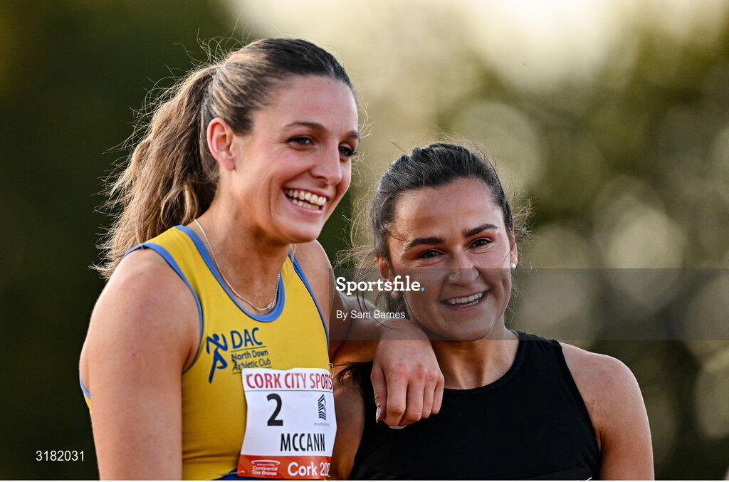 9 July 2025; Phil Healy of Ireland, right, and Rachel McCann of Ireland after competing in the Bridgewater Construction Women's 200m during the Cork City Sports meet at MTU Arena in Cork. Photo by Sam Barnes/Sportsfile