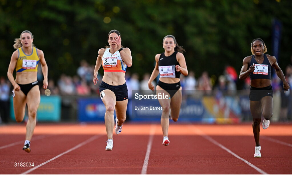 9 July 2025; Cecilia Tamayo-Garza of Mexico, second from left, on her way to winning the Bridgewater Construction Women's 200m, alongside, from left, Rachel McCann of Ireland, Phil Healy of Ireland and Knowledge Omovoh of Nigeria during the Cork City Sports meet at MTU Arena in Cork. Photo by Sam Barnes/Sportsfile