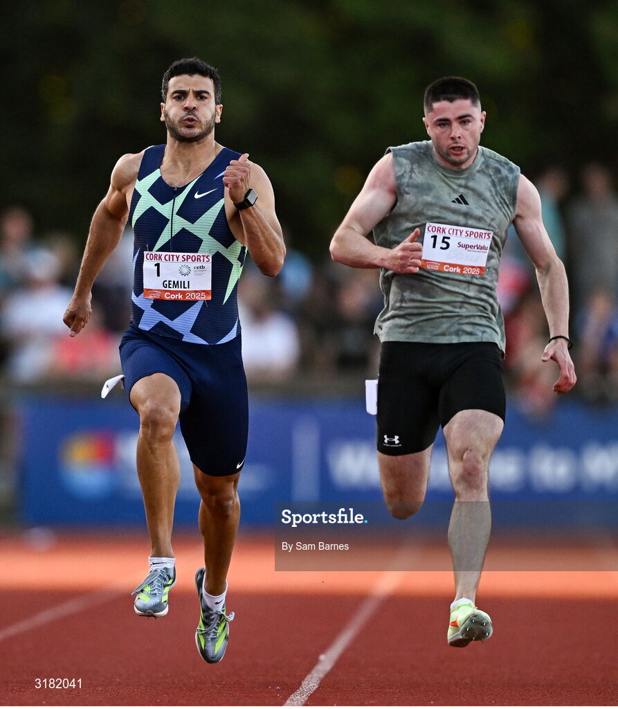 9 July 2025; Adam Gemili of Great Britain, left, and Colin Doyle of Ireland compete in the CETB Men's 200m Race during the Cork City Sports meet at MTU Arena in Cork. Photo by Sam Barnes/Sportsfile