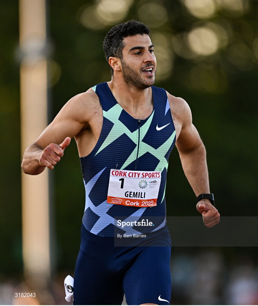 9 July 2025; Adam Gemili of Great Britain competes in the CETB Men's 200m Race during the Cork City Sports meet at MTU Arena in Cork. Photo by Sam Barnes/Sportsfile