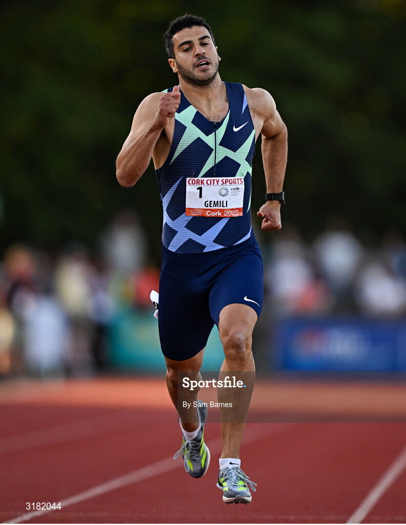 9 July 2025; Adam Gemili of Great Britain competes in the CETB Men's 200m Race during the Cork City Sports meet at MTU Arena in Cork. Photo by Sam Barnes/Sportsfile
