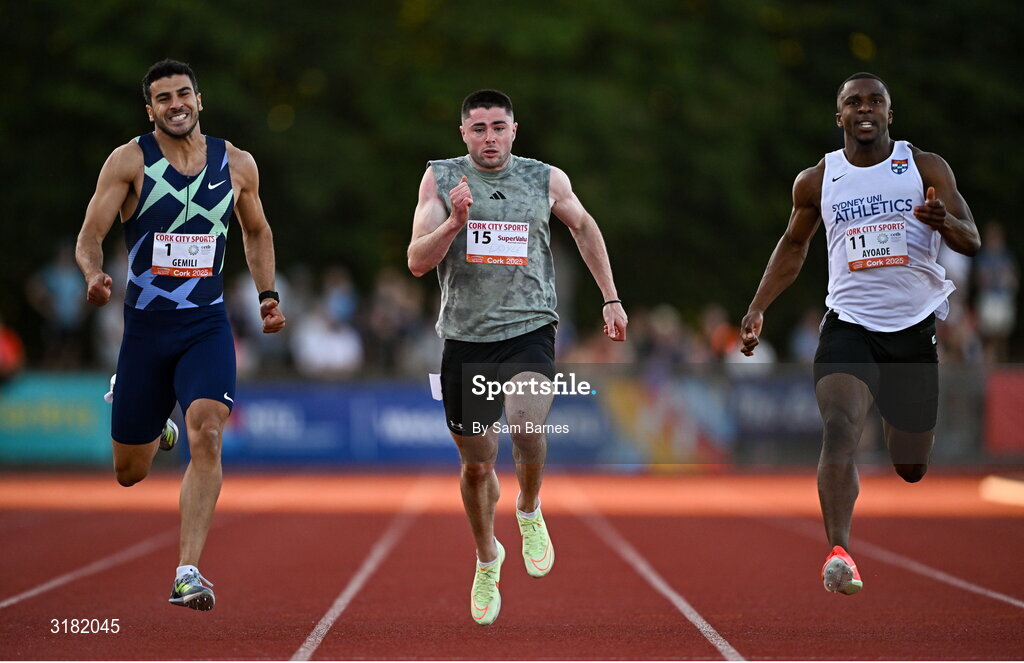 9 July 2025; Colin Doyle of Ireland, centre, alongside, Adam Gemili of Great Britain, left, and Joseph Ayoade of Australia, right, compete in the CETB Men's 200m Race during the Cork City Sports meet at MTU Arena in Cork. Photo by Sam Barnes/Sportsfile