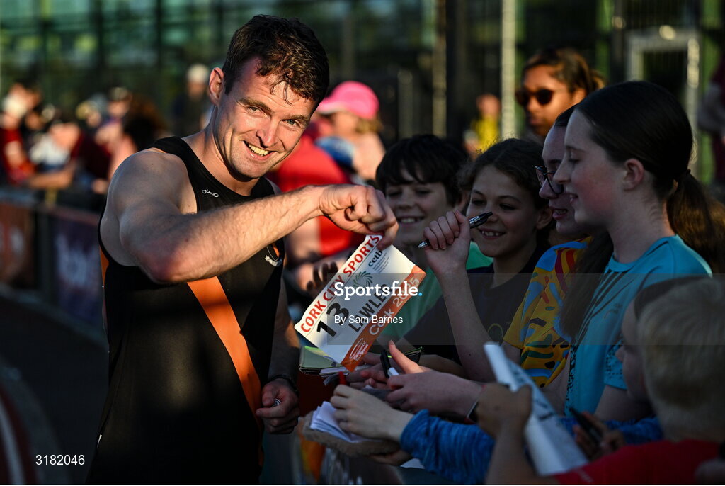 9 July 2025; Marcus Lawler of Ireland gives his race number to a supporter after competing in the CETB Men's 200m Race during the Cork City Sports meet at MTU Arena in Cork. Photo by Sam Barnes/Sportsfile