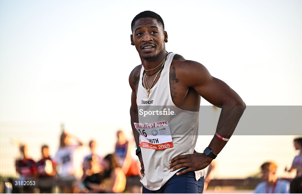 9 July 2025; Demarius Smith of USA after winning the CETB Men's 200m Race during the Cork City Sports meet at MTU Arena in Cork. Photo by Sam Barnes/Sportsfile