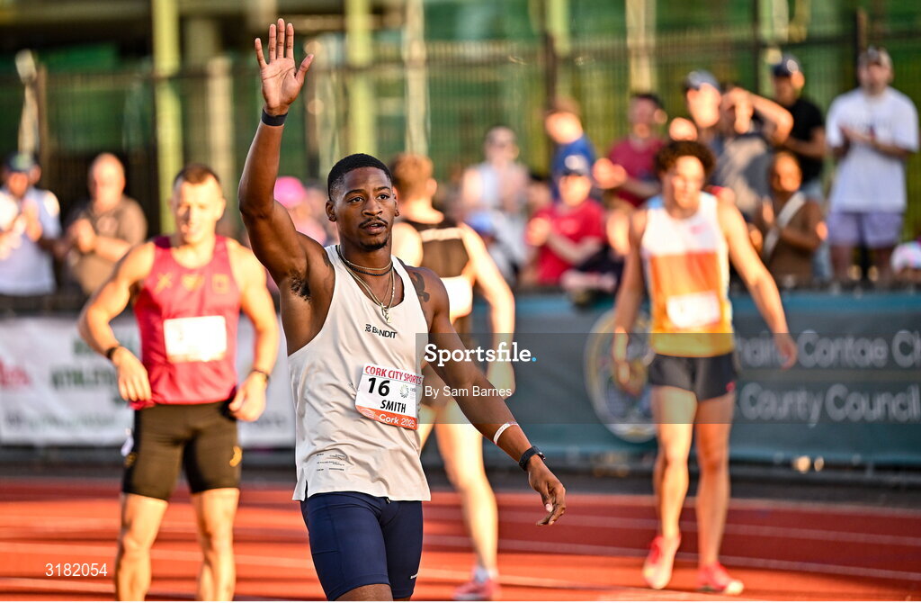 9 July 2025; Demarius Smith of USA after winning the CETB Men's 200m Race during the Cork City Sports meet at MTU Arena in Cork. Photo by Sam Barnes/Sportsfile