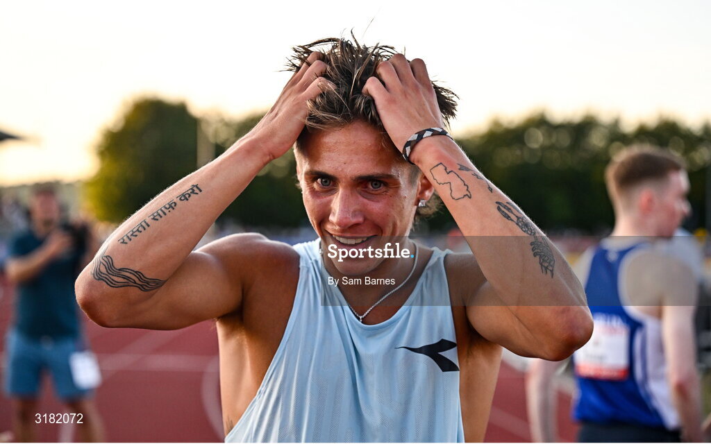 9 July 2025; Marco Langon of USA celebrates after winning the Cork City Council Men's Mile during the Cork City Sports meet at MTU Arena in Cork. Photo by Sam Barnes/Sportsfile