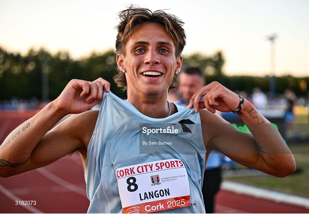 9 July 2025; Marco Langon of USA celebrates after winning the Cork City Council Men's Mile during the Cork City Sports meet at MTU Arena in Cork. Photo by Sam Barnes/Sportsfile