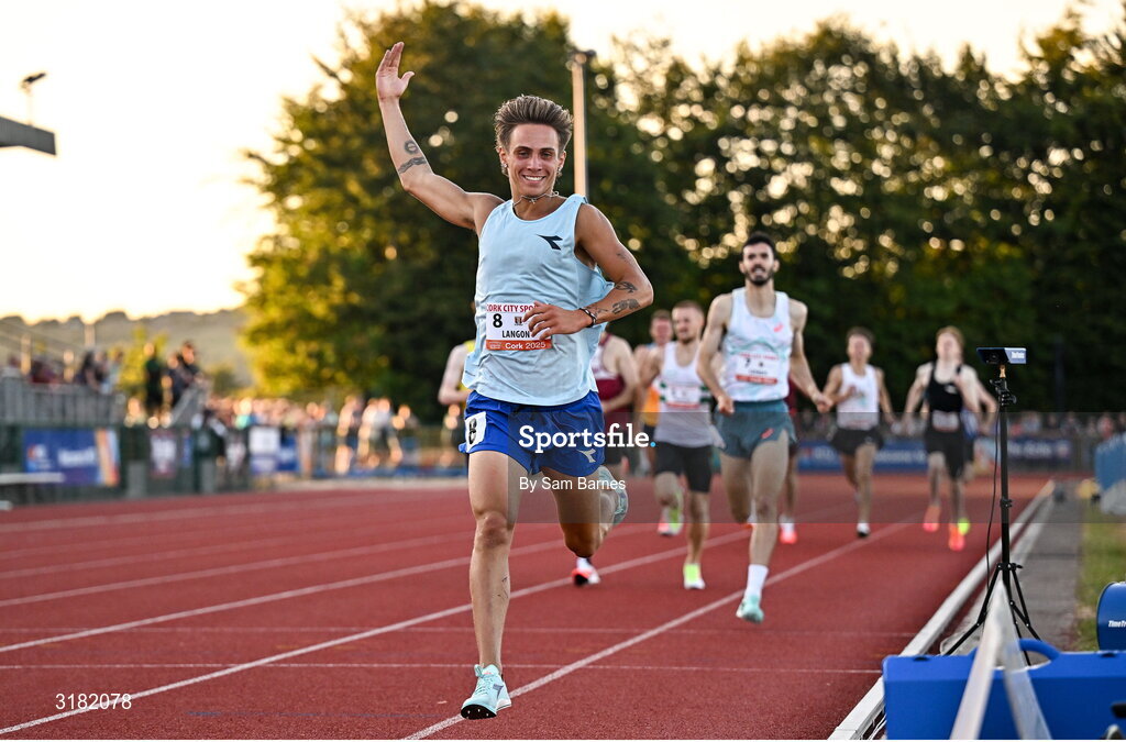 9 July 2025; Marco Langon of USA on his way to winning the Cork City Council Men's Mile during the Cork City Sports meet at MTU Arena in Cork. Photo by Sam Barnes/Sportsfile