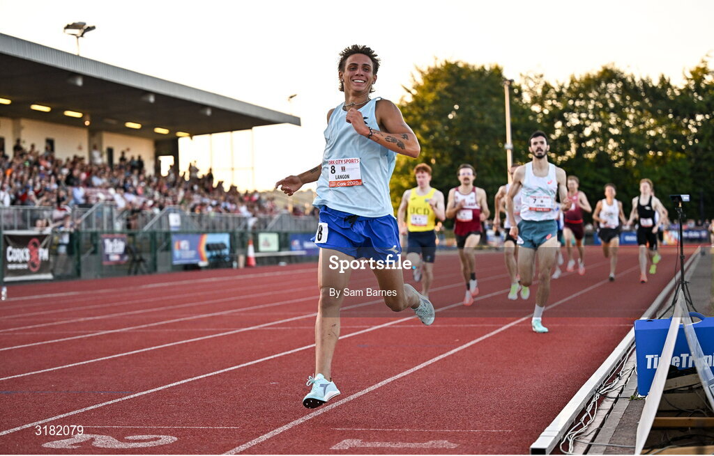 9 July 2025; Marco Langon of USA celebrates crosses the finishing line to win the Cork City Council Men's Mile during the Cork City Sports meet at MTU Arena in Cork. Photo by Sam Barnes/Sportsfile