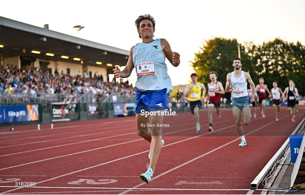 9 July 2025; Marco Langon of USA celebrates crosses the finishing line to win the Cork City Council Men's Mile during the Cork City Sports meet at MTU Arena in Cork. Photo by Sam Barnes/Sportsfile