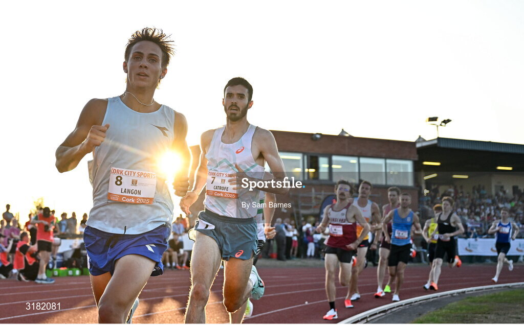 9 July 2025; Marco Langon of USA leads the field during the Cork City Council Men's Mile during the Cork City Sports meet at MTU Arena in Cork. Photo by Sam Barnes/Sportsfile