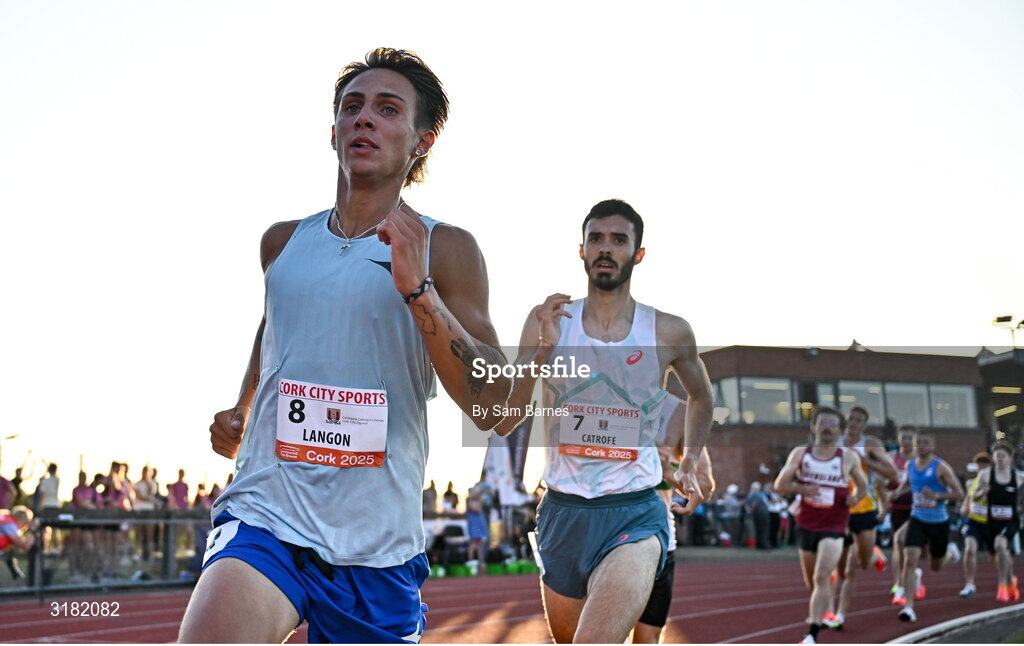9 July 2025; Marco Langon of USA leads the field during the Cork City Council Men's Mile during the Cork City Sports meet at MTU Arena in Cork. Photo by Sam Barnes/Sportsfile