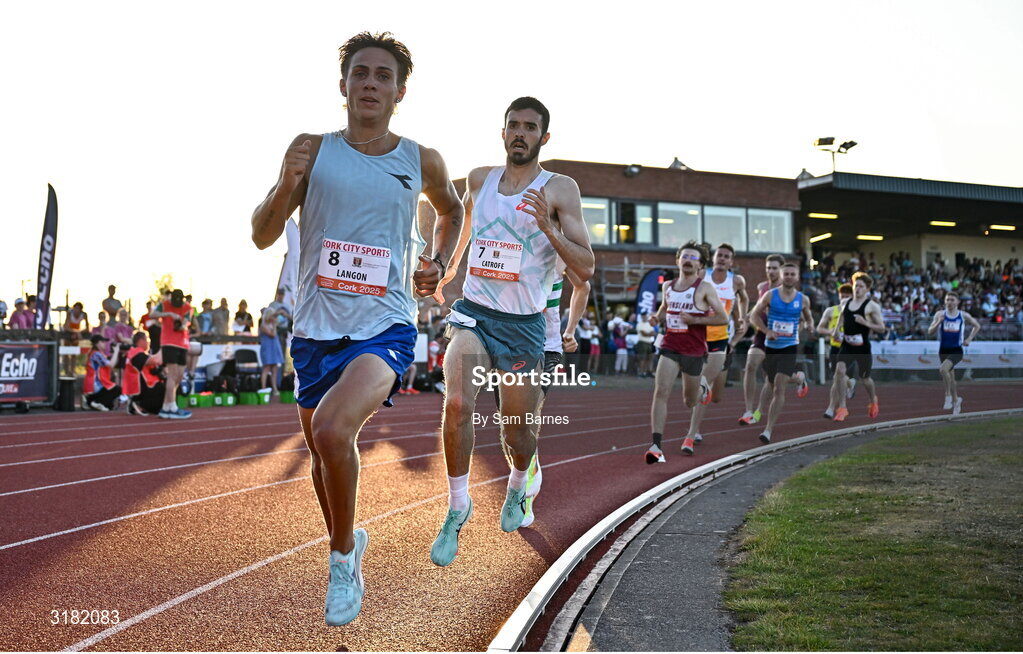 9 July 2025; Marco Langon of USA leads the field during the Cork City Council Men's Mile during the Cork City Sports meet at MTU Arena in Cork. Photo by Sam Barnes/Sportsfile