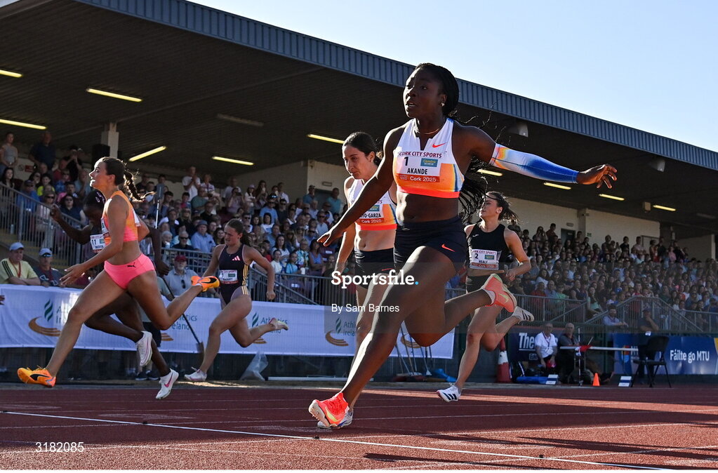 9 July 2025; Mabel Akande of Great Britain crosses the finishing line to win the Centra Women's 100m during the Cork City Sports meet at MTU Arena in Cork. Photo by Sam Barnes/Sportsfile