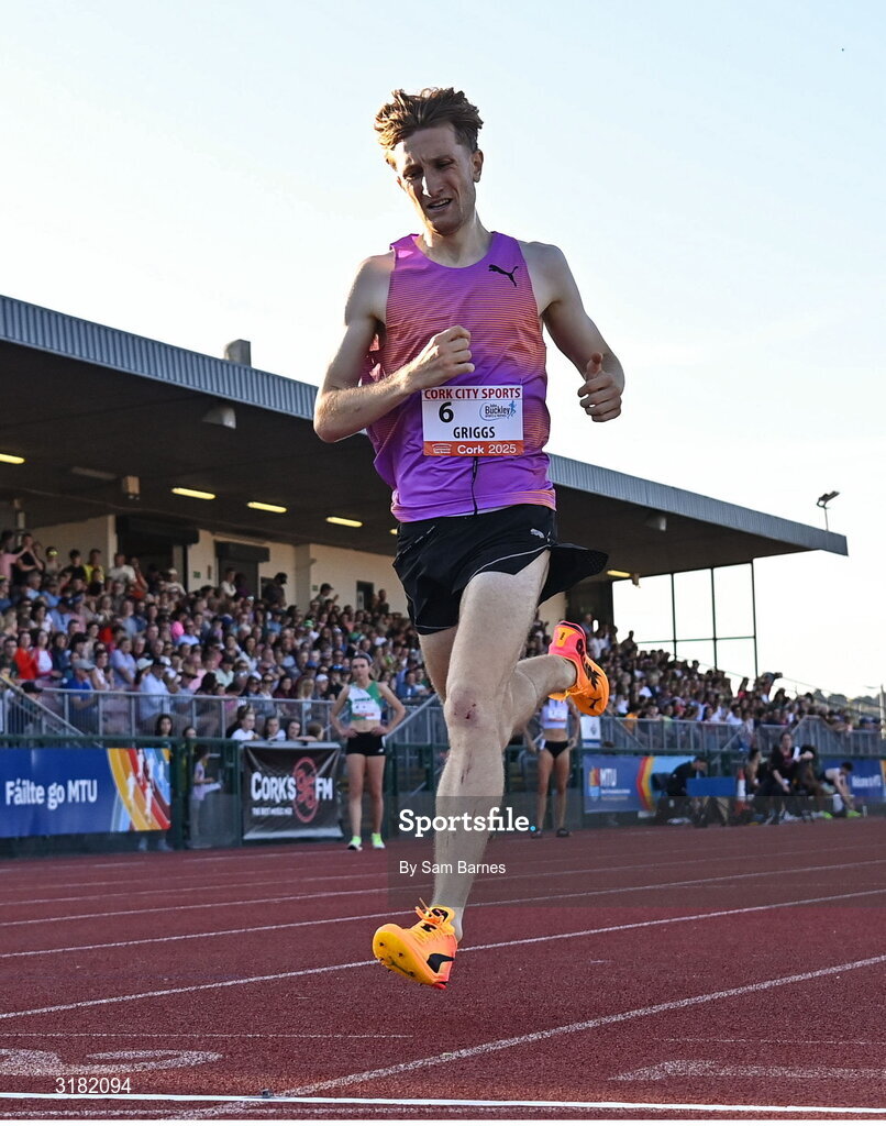 9 July 2025; Nick Griggs of Ireland crosses the finishing line of the John Buckley Sports Men's 3000m during the Cork City Sports meet at MTU Arena in Cork. Photo by Sam Barnes/Sportsfile