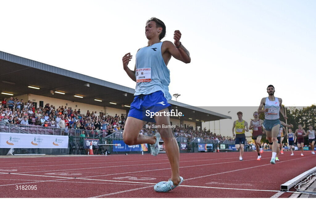9 July 2025; Marco Langon of USA celebrates goes over on his ankle as he crosses the finishing line during the Cork City Council Men's Mile during the Cork City Sports meet at MTU Arena in Cork. Photo by Sam Barnes/Sportsfile