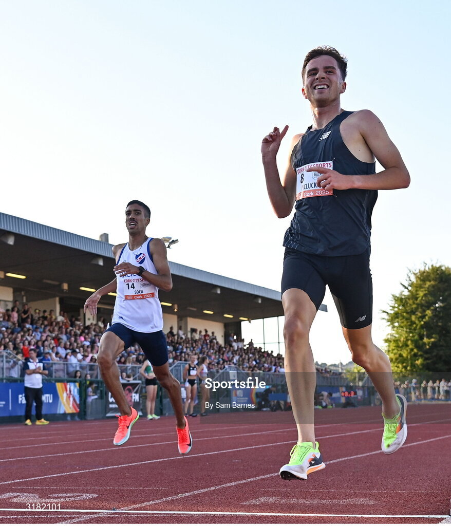 9 July 2025; Henry Mcluckie of Great Britain celebrates after winning the John Buckley Sports Men's 3000m during the Cork City Sports meet at MTU Arena in Cork. Photo by Sam Barnes/Sportsfile
