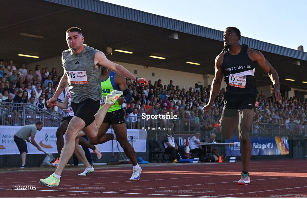 9 July 2025; Colin Doyle of Ireland, centre, crosses the finish line to win the SuperValu Men's 100m Race 1 during the Cork City Sports meet at MTU Arena in Cork. Photo by Sam Barnes/Sportsfile