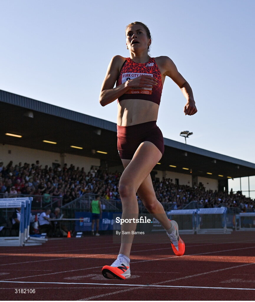 9 July 2025; Megan Keith of Great Britain crosses the line to win the PJ Hegarty Women's 3000m during the Cork City Sports meet at MTU Arena in Cork. Photo by Sam Barnes/Sportsfile