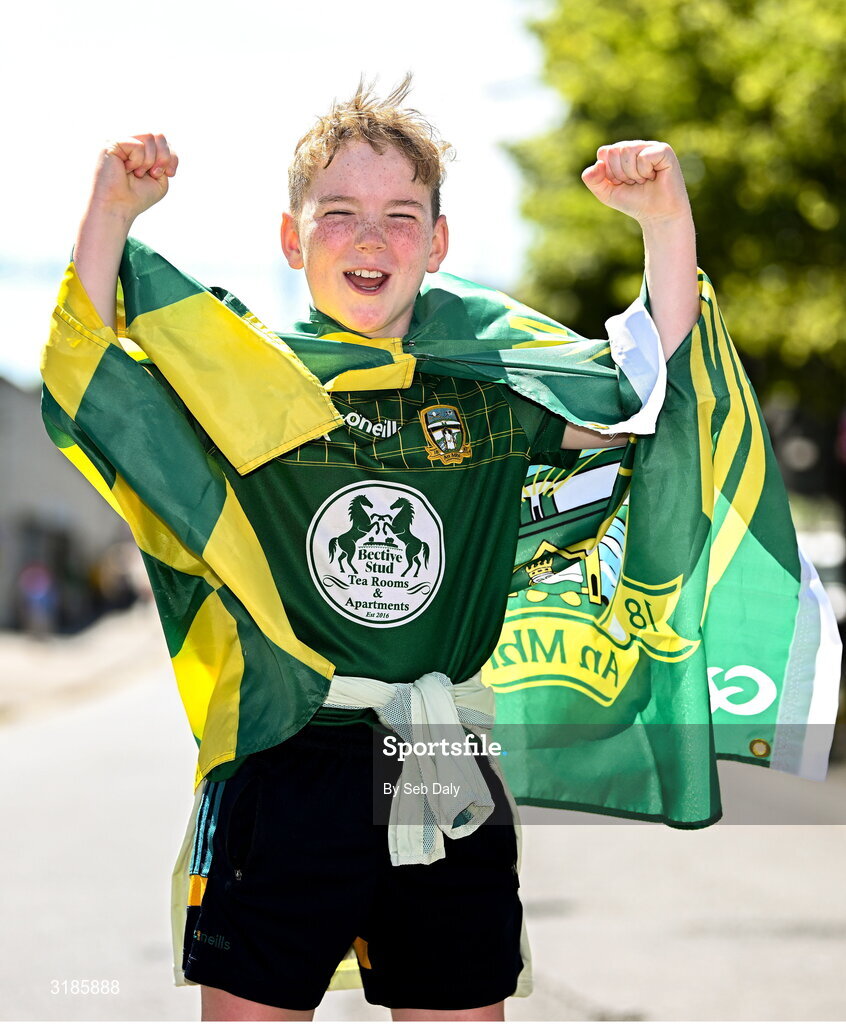 13 July 2025; Meath supporter Seamus Gillic, age 11, from Seneschalstown, Meath, before the GAA Football All-Ireland Senior Championship semi-final match between Meath and Donegal at Croke Park in Dublin. Photo by Seb Daly/Sportsfile