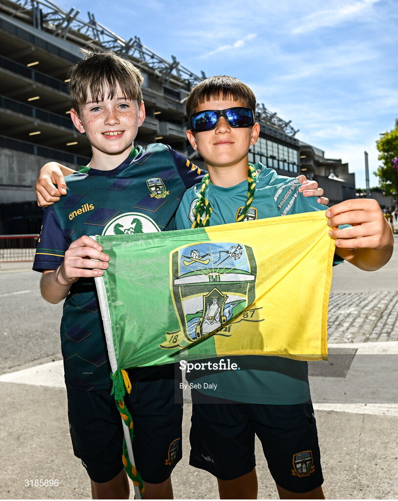 13 July 2025; Meath supporters Ryan McHugh, age 11, and Ruairí Hanrahan, age 11, from Trim, Meath, before the GAA Football All-Ireland Senior Championship semi-final match between Meath and Donegal at Croke Park in Dublin. Photo by Seb Daly/Sportsfile