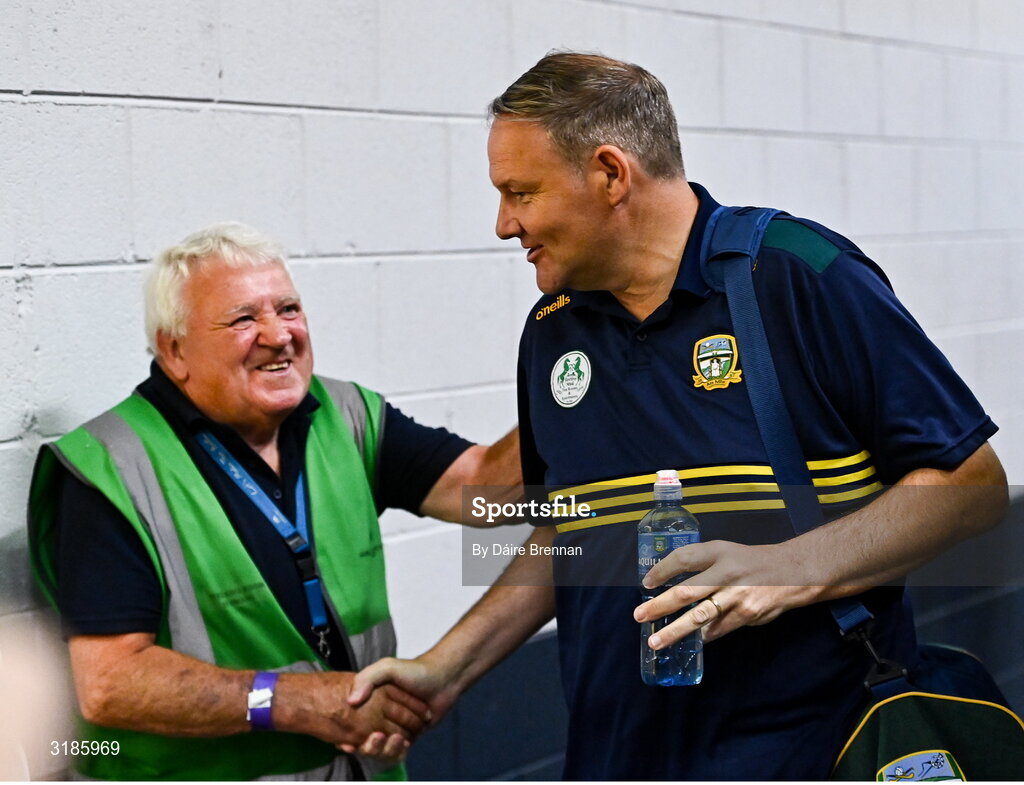 13 July 2025; Meath manager Robbie Brennan is greeted by Croke Park steward Ollie Baldwin as he arrives arrives ahead of the GAA Football All-Ireland Senior Championship semi-final match between Meath and Donegal at Croke Park in Dublin. Photo by Daire Brennan/Sportsfile