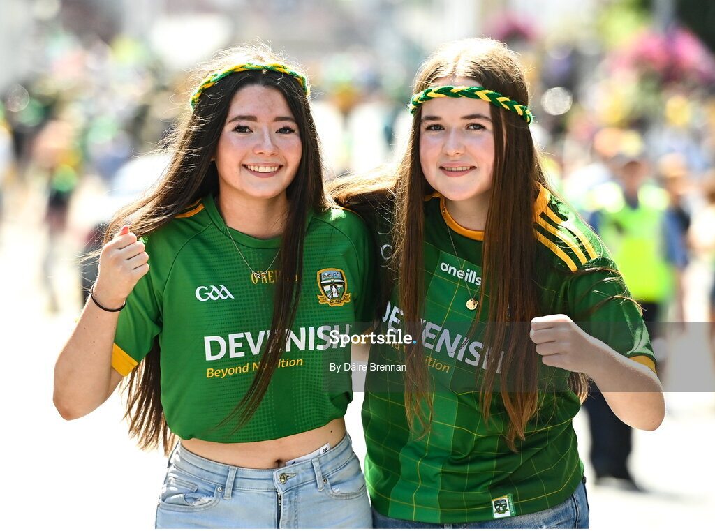 13 July 2025; Meath supporters Isabel Browne, left, and Izzy Boucher, from Dunboyne, Co Meath, ahead of the GAA Football All-Ireland Senior Championship semi-final match between Meath and Donegal at Croke Park in Dublin. Photo by Daire Brennan/Sportsfile
