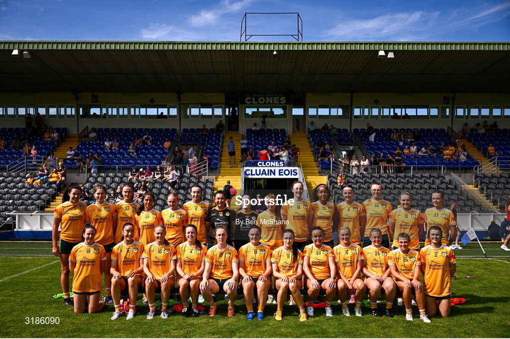 13 July 2025; The Antrim team before the TG4 All-Ireland Ladies Football Junior Championship semi-final match between Antrim and Sligo at St Tiernach’s Park in Clones, Monaghan. Photo by Ben McShane/Sportsfile