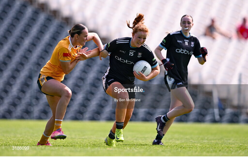 13 July 2025; Ellen Kelleher of Sligo in action against Ciara Brown of Antrim during the TG4 All-Ireland Ladies Football Junior Championship semi-final match between Antrim and Sligo at St Tiernach’s Park in Clones, Monaghan. Photo by Ben McShane/Sportsfile