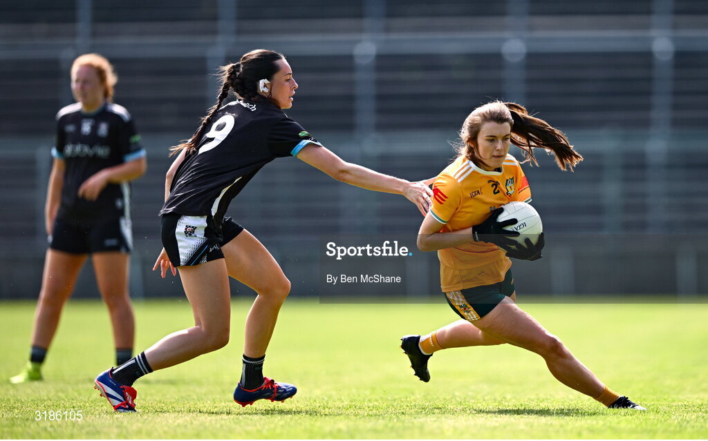 13 July 2025; Niamh McIntosh of Antrim in action against Robyn Kennedy of Sligo during the TG4 All-Ireland Ladies Football Junior Championship semi-final match between Antrim and Sligo at St Tiernach’s Park in Clones, Monaghan. Photo by Ben McShane/Sportsfile