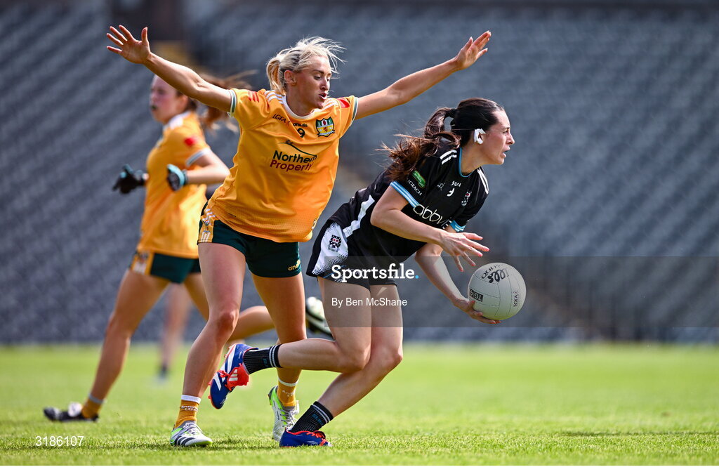 13 July 2025; Robyn Kennedy of Sligo in action against Áine Tubridy of Antrim during the TG4 All-Ireland Ladies Football Junior Championship semi-final match between Antrim and Sligo at St Tiernach’s Park in Clones, Monaghan. Photo by Ben McShane/Sportsfile
