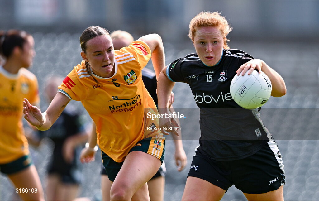13 July 2025; Ellen Kelleher of Sligo in action against Ciara Brown of Antrim during the TG4 All-Ireland Ladies Football Junior Championship semi-final match between Antrim and Sligo at St Tiernach’s Park in Clones, Monaghan. Photo by Ben McShane/Sportsfile