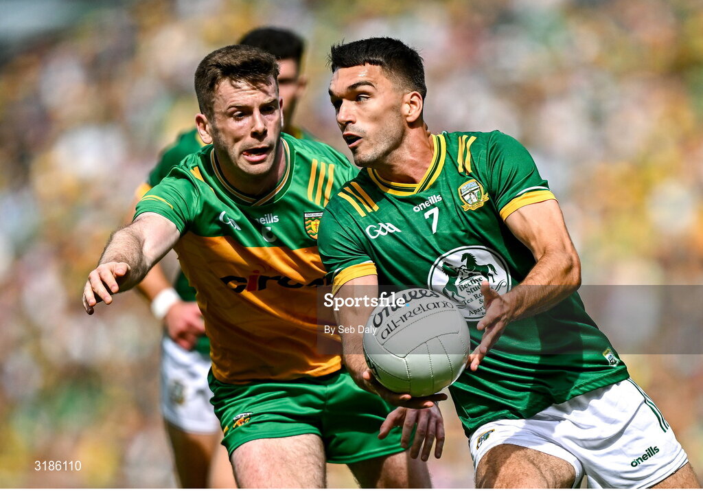 13 July 2025; Ciarán Caulfield of Meath in action against Eoghan Bán Gallagher of Donegal during the GAA Football All-Ireland Senior Championship semi-final match between Meath and Donegal at Croke Park in Dublin. Photo by Seb Daly/Sportsfile