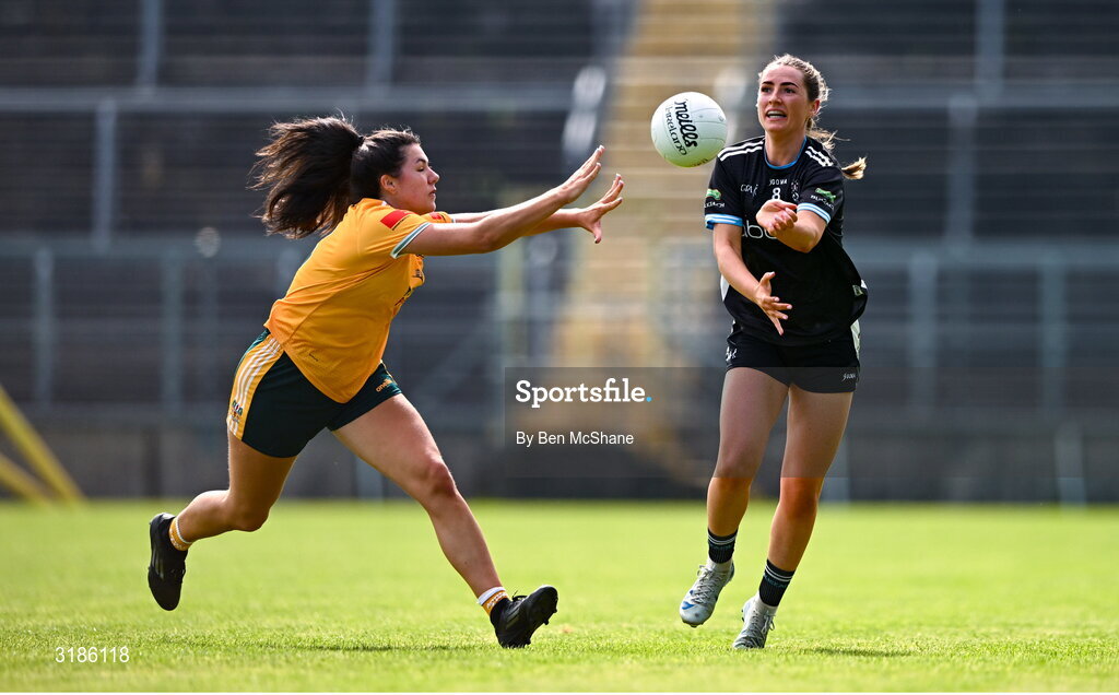 13 July 2025; Sinéad Regan of Sligo in action against Meave Blaney of Antrim during the TG4 All-Ireland Ladies Football Junior Championship semi-final match between Antrim and Sligo at St Tiernach’s Park in Clones, Monaghan. Photo by Ben McShane/Sportsfile
