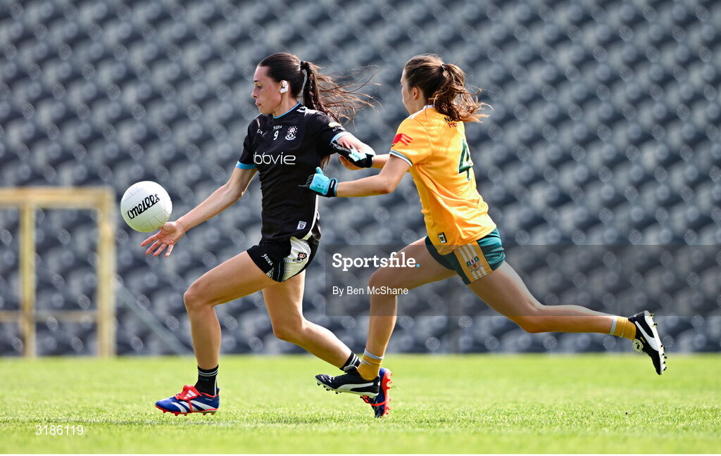 13 July 2025; Robyn Kennedy of Sligo in action against Maeve Mulholland of Antrim during the TG4 All-Ireland Ladies Football Junior Championship semi-final match between Antrim and Sligo at St Tiernach’s Park in Clones, Monaghan. Photo by Ben McShane/Sportsfile